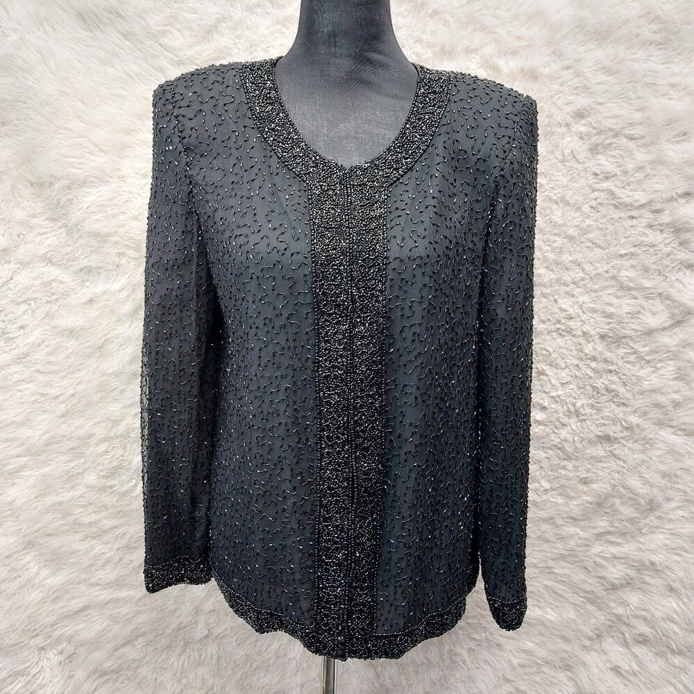 Laurence Kazar New York Jacket Black Silk Formal Round Neck Beads Lined L